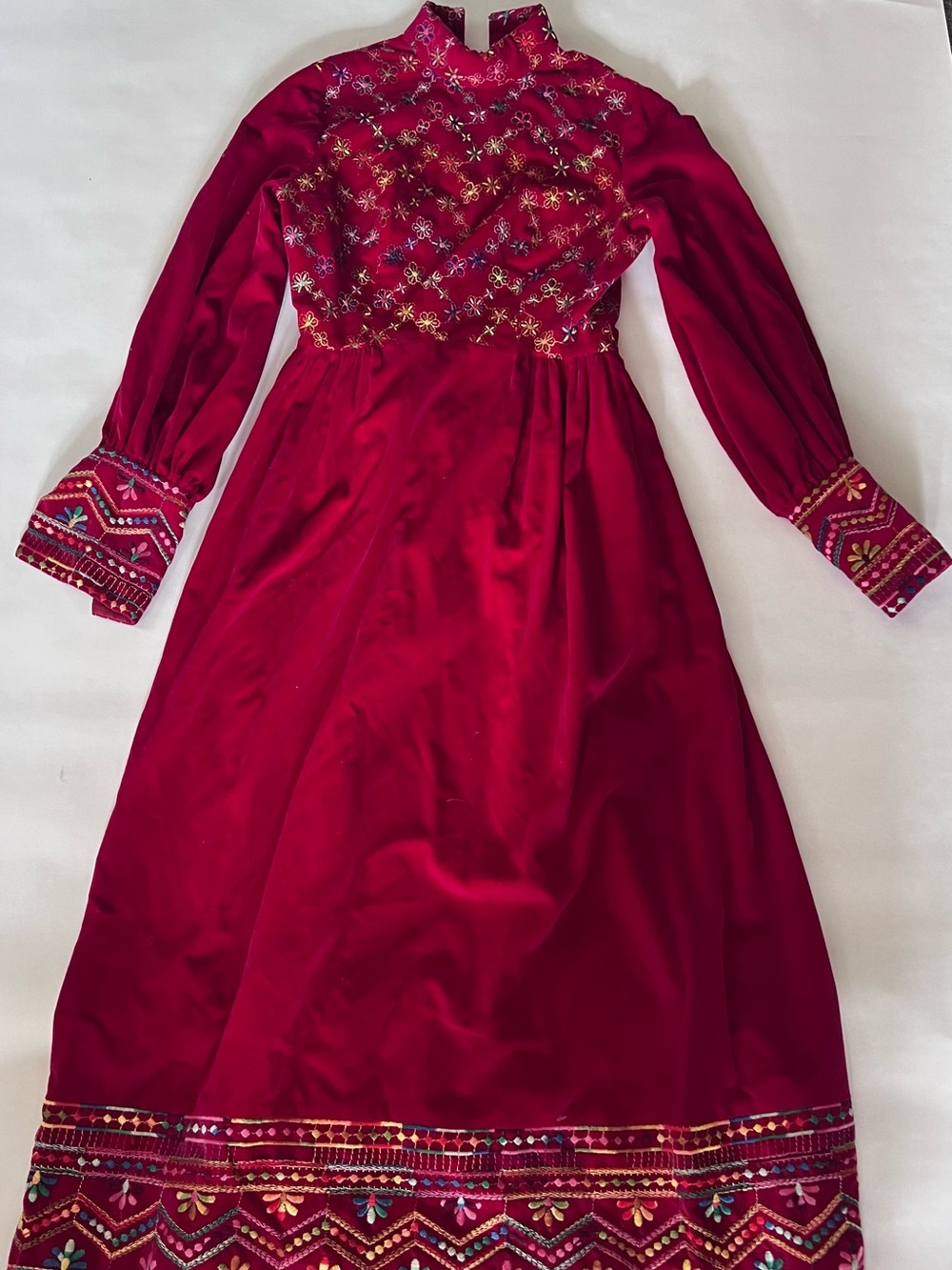 Embroidered Red Maxi Dress with High Neck